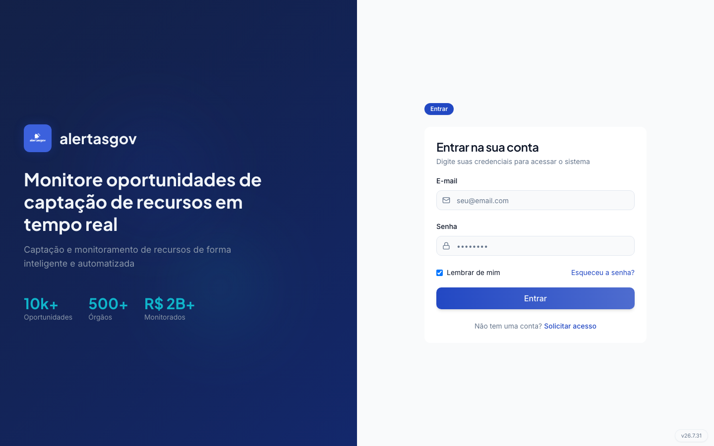 Tela de entrada do sistema AlertasGov